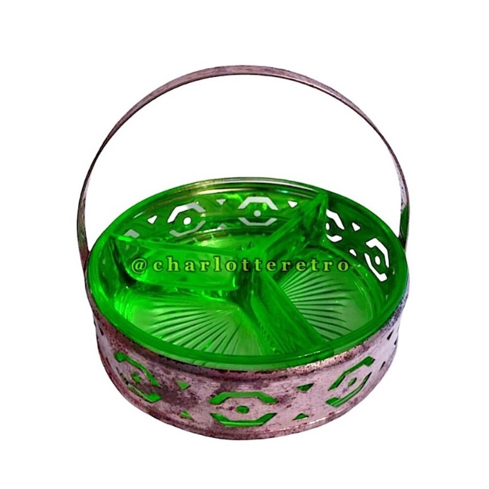 vtg Uranium Glass Divided Trinket Dish